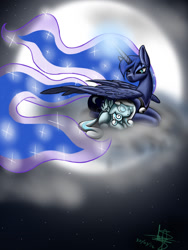 Size: 768x1024 | Tagged: safe, artist:andreuxsalz, princess luna, oc, oc:snowdrop, alicorn, pony, cloud, floppy ears, hug, moon, prone, winghug