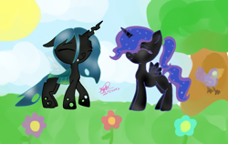 Size: 1262x797 | Tagged: safe, artist:missmagicalwolf, nightmare moon, queen chrysalis, alicorn, bird, changeling, changeling queen, nymph, pony, blank flank, cloud, cute, cutealis, duo, duo female, eyes closed, female, filly, flower, moonabetes, signature, sky, smiling, sun, tree, younger