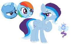 Size: 628x380 | Tagged: safe, artist:hello-rando, derpibooru import, rainbow dash, trixie, oc, oc:wind o' wisp, pegasus, pony, crack shipping, female, hair over one eye, lesbian, magical lesbian spawn, mare, offspring, parent:rainbow dash, parent:trixie, parents:trixdash, shipping, simple background, trixdash, unshorn fetlocks, white background