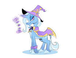 Size: 1280x974 | Tagged: safe, artist:cassettepunk, derpibooru import, trixie, classical unicorn, pony, unicorn, cape, clothes, cloven hooves, cuffs (clothes), hat, leonine tail, looking at you, playing card, solo, trixie's cape, trixie's hat, unshorn fetlocks