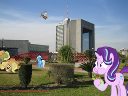 Size: 2272x1704 | Tagged: safe, artist:max rider, derpibooru import, applejack, derpy hooves, starlight glimmer, trixie, pegasus, pony, unicorn, building, cider, female, irl, mare, mexico, monterrey, photo, ponies in real life