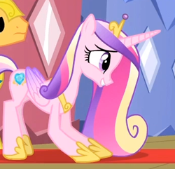 Size: 345x333 | Tagged: safe, screencap, flash sentry, princess cadance, alicorn, pony, three's a crowd, bowing, grin, smiling, solo