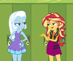 Size: 1192x997 | Tagged: safe, derpibooru import, edit, edited screencap, editor:thomasfan45, screencap, sunset shimmer, trixie, human, better together, equestria girls, forgotten friendship, canterlot high, clothes, cropped, cute, diatrixes, dress, duo, female, geode of empathy, hallway, hands on hip, lidded eyes, lockers, magical geodes, raised eyebrow