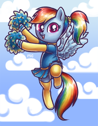 Size: 778x1000 | Tagged: safe, artist:mcponyponypony, rainbow dash, pegasus, pony, cheerleader, clothes, cute, dashabetes, leg warmers, moe, pleated skirt, pom pom, ponytail, skirt, skirt lift, socks, solo, thigh highs, zettai ryouiki