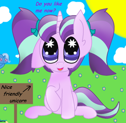 Size: 1018x995 | Tagged: safe, artist:loryplay, derpibooru import, starlight glimmer, trixie, pony, unicorn, bronybait, cute, female, filly, glimmerbetes, mare, sign, solo, starry eyes, sun, wingding eyes