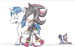 Size: 1024x649 | Tagged: safe, artist:cyrilsmith, princess cadance, shining armor, twilight sparkle, alicorn, pony, unicorn, crossover, shadow the hedgehog, sonic the hedgehog (series), traditional art