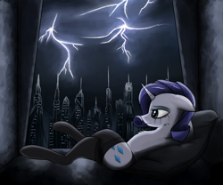 Size: 3200x2666 | Tagged: safe, alternate version, artist:sinniepony, rarity, pony, unicorn, blue eyes, city, clothes, crying, depression, dystopia, lighting, makeup, mascara, night, purple mane, running makeup, socks, solo, stockings, thigh highs, thunder