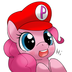 Size: 600x600 | Tagged: safe, artist:hoyeechun, pinkie pie, earth pony, pony, bust, cap, cosplay, crossover, cute, dialogue, diapinkes, hat, hi, mario, mario pie, mario's hat, open mouth, portrait, simple background, solo, super mario bros., white background