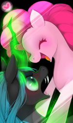 Size: 600x1000 | Tagged: safe, artist:malamilje, pinkie pie, queen chrysalis, changeling, changeling queen, earth pony, pony, blushing, glow, heart, pixiv