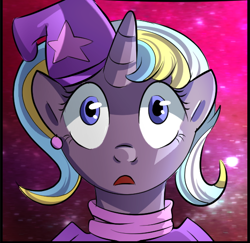 Size: 558x543 | Tagged: safe, artist:candyclumsy, derpibooru import, ms. harshwhinny, trixie, oc, oc:strict talent, earth pony, pony, unicorn, comic:mlp: education reform, clothes, commissioner:bigonionbean, cropped, ear piercing, earring, female, fusion, fusion:strict talent, hat, i can't believe it's not idw, jewelry, mare, merge, piercing, profile picture, shocked expression, trixie's hat