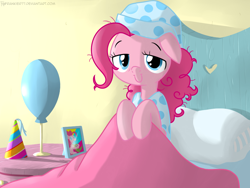 Size: 1024x768 | Tagged: safe, artist:frankier77, pinkie pie, earth pony, pony, bed, bed hair, clothes, hat, messy mane, morning ponies, nightcap, pajamas, party hat, solo