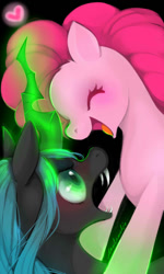 Size: 600x1000 | Tagged: safe, artist:malamilje, pinkie pie, queen chrysalis, changeling, changeling queen, earth pony, pony, female, horn, pixiv