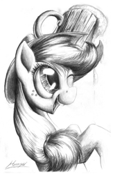Size: 635x900 | Tagged: safe, artist:huussii, applejack, earth pony, pony, balancing, cider, monochrome, pencil drawing, solo, traditional art
