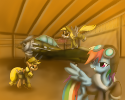 Size: 1280x1024 | Tagged: safe, artist:gunslingerpen, applejack, derpy hooves, rainbow dash, earth pony, pegasus, pony, dieselpunk, female, mare, plane