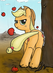 Size: 608x832 | Tagged: safe, artist:dennyhooves, applejack, earth pony, pony, apple, applebucking, cloud, cowboy hat, dirt, dirty, hat, looking back, plot, smiling, solo, stetson, tree