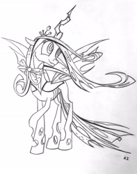 Size: 1820x2312 | Tagged: dead source, safe, artist:uminanimu, queen chrysalis, changeling, changeling queen, female, horn, monochrome