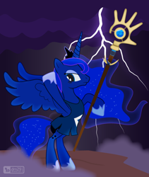 Size: 950x1125 | Tagged: safe, artist:dm29, princess luna, alicorn, pony, bipedal, crossover, lightning, populous, rearing, solo, staff, wand