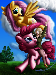 Size: 1536x2048 | Tagged: safe, artist:deathpwny, fluttershy, pinkie pie, earth pony, human, pegasus, pony, andrea libman, female, mare, ride to conquer cancer, voice actor