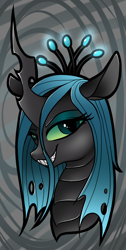 Size: 514x1016 | Tagged: safe, artist:wingedwolf94, queen chrysalis, changeling, changeling queen, bedroom eyes, bust, crown, fangs, female, looking at you, portrait, profile, sharp teeth, smiling, solo, teeth