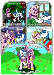 Size: 1024x1412 | Tagged: safe, artist:jakrat-rosemberd, princess cadance, shining armor, alicorn, changeling, pony, unicorn, clothes, comic, female, hat, holding hooves, kissing, lyrics, magic, male, nurse hat, shiningcadance, shipping, sick, singing, straight, telekinesis, uniform