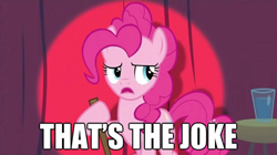 Size: 500x280 | Tagged: safe, edit, edited screencap, screencap, pinkie pie, earth pony, pony, baby cakes, image macro, ponified meme, solo, stand-up comedy, that's the joke, the simpsons