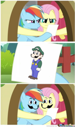 Size: 440x750 | Tagged: safe, artist:ethanthomas-me-me-me, edit, fluttershy, rainbow dash, pegasus, pony, face swap, luigi, meme, note meme, weegee