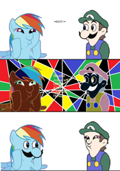 Size: 680x970 | Tagged: safe, rainbow dash, pegasus, pony, comic, dashface, face swap, role reversal, wat, weegee