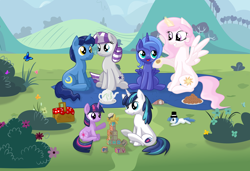 Size: 10000x6849 | Tagged: safe, artist:kamyk962, artist:kruszyna25, night light, princess celestia, princess luna, shining armor, twilight sparkle, twilight velvet, alicorn, pony, unicorn, absurd resolution, cute, filly, picnic, time paradox, woona