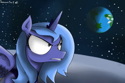 Size: 1080x720 | Tagged: safe, artist:sakamotoan4, princess luna, alicorn, pony, frown, gritted teeth, moon, planet, s1 luna, solo