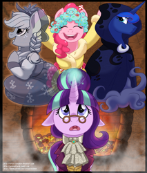 Size: 800x941 | Tagged: safe, artist:itstaylor-made, applejack, pinkie pie, princess luna, snowfall frost, spirit of hearth's warming past, starlight glimmer, alicorn, earth pony, pony, a hearth's warming tail, fireplace, floppy ears, looking up, magic, open mouth, spirit of hearth's warming presents, spirit of hearth's warming yet to come