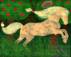 Size: 1280x1024 | Tagged: safe, artist:ameixkon, applejack, earth pony, pony, apple, realistic, running, solo, tree