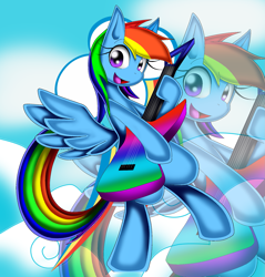 Size: 1653x1731 | Tagged: safe, rainbow dash, pegasus, pony, blue coat, female, guitar, mare, multicolored mane, pixiv