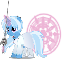 Size: 7835x7501 | Tagged: safe, artist:zacatron94, derpibooru import, trixie, pony, unicorn, absurd resolution, clothes, cosplay, costume, female, glowing horn, halloween, holiday, magic, magic circle, mare, myrtenaster, nightmare night, nightmare night costume, rapier, rwby, scar, simple background, solo, sword, telekinesis, transparent background, vector, weapon, weiss schnee