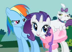 Size: 389x280 | Tagged: safe, edit, screencap, opalescence, rainbow dash, rarity, pegasus, pony, unicorn, blushing, clothes, female, robe