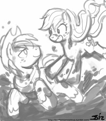 Size: 735x840 | Tagged: safe, artist:johnjoseco, applejack, big macintosh, earth pony, pony, grayscale, male, monochrome, mud, stallion