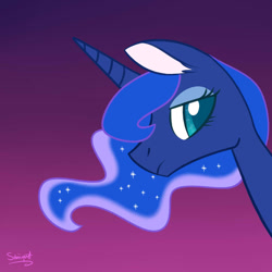 Size: 900x900 | Tagged: safe, artist:flourret, princess luna, alicorn, pony, ear fluff, evening, female, frown, gradient background, lidded eyes, mare, missing accessory, outdoors, sad, signature, sky, solo