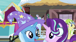 Size: 1280x709 | Tagged: safe, derpibooru import, screencap, gallus, goldengrape, silverstream, sir colton vines iii, starlight glimmer, trixie, pony, unicorn, best gift ever