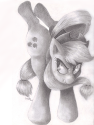 Size: 1700x2278 | Tagged: safe, artist:spindlesx, applejack, earth pony, pony, kicking, monochrome, pencil drawing, solo, traditional art