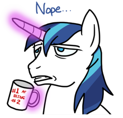 Size: 358x343 | Tagged: safe, artist:anyponedrawn, edit, shining armor, pony, unicorn, coffee mug, nope, reaction image