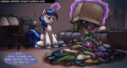 Size: 1280x688 | Tagged: safe, artist:gsphere, shining armor, spike, dragon, pony, unicorn, aura, bedroom, clothes, cute, laundry, lazy, magic, male, shining armor does something i also did today, sitting, stallion, telekinesis