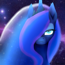 Size: 1024x1024 | Tagged: safe, artist:alexrosebeth, princess luna, alicorn, pony, looking at you, luna is not amused, solo, space, unamused