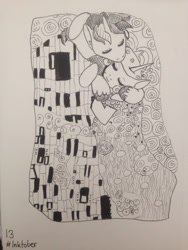 Size: 1280x1706 | Tagged: safe, artist:whale, princess cadance, shining armor, alicorn, pony, unicorn, bed, fine art parody, gustav klimt, hug, monochrome, solo, traditional art