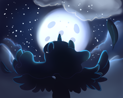 Size: 2000x1600 | Tagged: safe, artist:byspot, princess luna, alicorn, pony, cloud, feather, flying, moon, night, rear view, solo, stars