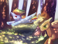 Size: 1000x750 | Tagged: safe, artist:chocochimbu, applejack, rainbow dash, earth pony, pegasus, pony, forest, race