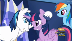 Size: 1895x1079 | Tagged: safe, screencap, rainbow dash, shining armor, twilight sparkle, twilight sparkle (alicorn), alicorn, pegasus, pony, unicorn, the one where pinkie pie knows, brother and sister, female, male, mare, siblings