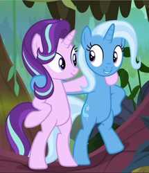 Size: 810x940 | Tagged: safe, derpibooru import, screencap, starlight glimmer, trixie, pony, unicorn, road to friendship, bipedal, cropped, duo, female, holding each other, hoof on hip, looking at each other, mare, smiling