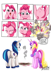 Size: 955x1351 | Tagged: safe, artist:mysticalpha, pinkie pie, princess cadance, shining armor, alicorn, earth pony, pony, unicorn, the one where pinkie pie knows, :o, butt, comic, cute, death, dialogue, diapinkes, dock, explosion, eyes closed, featureless crotch, female, floppy ears, frown, gritted teeth, lip bite, male, mare, open mouth, plot, popping, puffy cheeks, secret, speech, speech bubble, squishy cheeks, stallion, that was fast, unshorn fetlocks, wide eyes