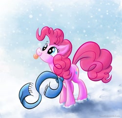 Size: 3500x3392 | Tagged: safe, artist:stratustrot, pinkie pie, earth pony, pony, clothes, high res, scarf, snow, snowfall, solo, tongue out