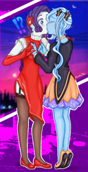 Size: 1216x2375 | Tagged: safe, artist:starwantrix, derpibooru import, rarity, trixie, fanfic:great and powerful darling, equestria girls, blushing, bow, clothes, dress, female, gloves, kissing, lesbian, rarixie, shipping, surprise kiss, surprised, tiptoe