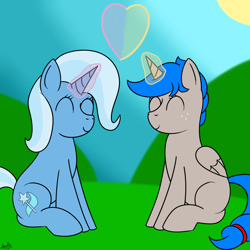 Size: 1000x1000 | Tagged: safe, artist:spritepony, derpibooru import, trixie, oc, oc:sprite, alicorn, pony, alicorn oc, canon x oc, eyes closed, female, male, shipping, straight